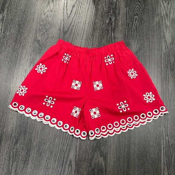 RED Valentino Pants - RED Valentino - Red and White Embroidered Culotte Shorts